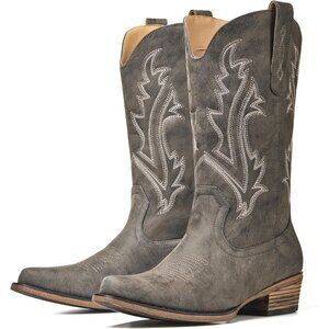Women Dark Gery Daily Wear with Pointed Toe Chunky Heel Embroidered Cowgirl Boot